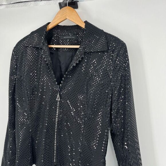 Mesmerize Zip Up Jacket Sparkly Sequin Collared Long Sleeve Black Womens Medium - Picture 6 of 8